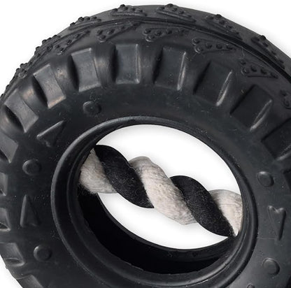 Pet Passion Natural Rubber Tire and Organic Cotton Rope Pull and Chew Dog Toy for All Pet Breeds, Black, Small