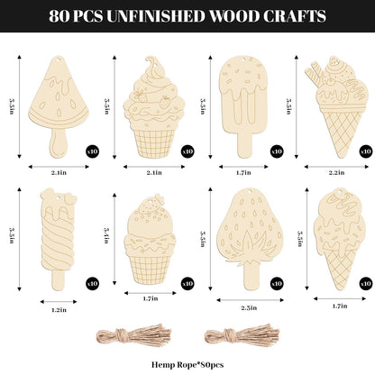 Subacy 80 PCS Unfinished Wood Cutouts 8 Styles DIY Wooden Spring Ornaments, Wooden Art Craft Painting Kit for Kids, Birthday Easter Creativity Arts & Crafts, Ice Cream Shape