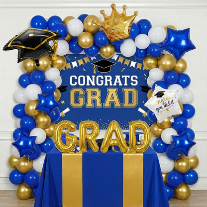 Royal blue White Gold Balloon Garland Arch Kit with backdrop Stars Graduation Cap crown GRAD Letters Mylar Balloons for 2026 graduate Prom Decorations