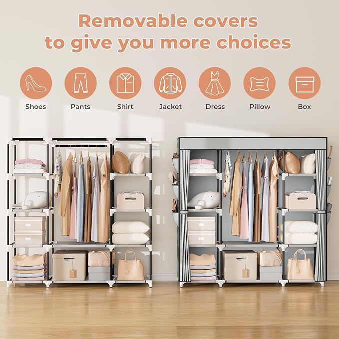 VTRIN Portable Closet Wardrobe for Hanging Clothes 57.3 Inch Large Capacity Clothes Rack with Cover, 10 Storage Organizer Shelves, 1 Hanging Rods and 6 Pockets, Free Standing Closet for Bedroom, Grey