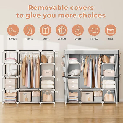 VTRIN Portable Closet Wardrobe for Hanging Clothes 57.3 Inch Large Capacity Clothes Rack with Cover, 10 Storage Organizer Shelves, 1 Hanging Rods and 6 Pockets, Free Standing Closet for Bedroom, Grey