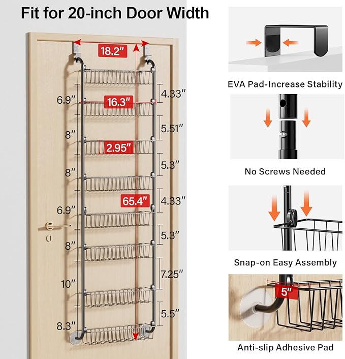 Delamu Over The Door Pantry Organizer, 8-Tier Pantry Door Organizers and Storage