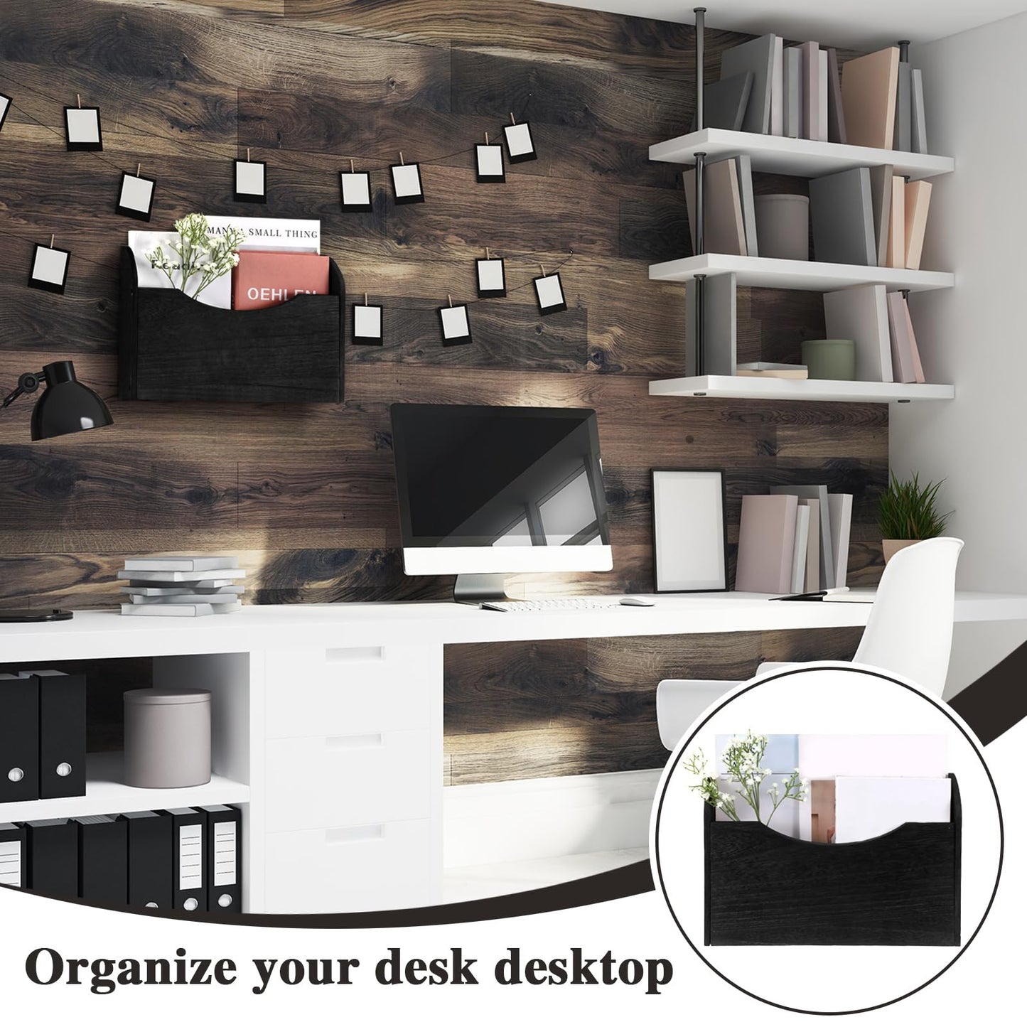 Suzile Wall Mounted File Holder Wood Magazine Holder Wall Hanging File Organizer for Office Mail Magazine Letter Paper Folder Organization (Black)