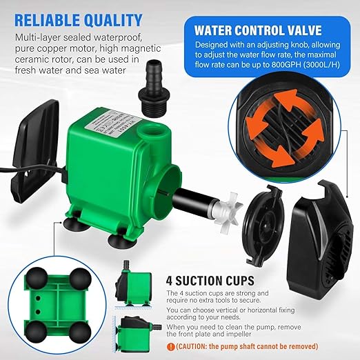 Simple Deluxe 800 GPH Water Table Pump (3000L/H, 24W), Ultra Quiet Fountain Pump with 10 ft, 3 Nozzles for Fish Tank, Pond, Aquarium, Hydroponics, Green