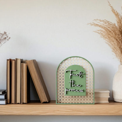Honoson Boho Shelf Decor Trust The Process Wooden Standing Sign Inspirational Hollow Arched Table Decoration Sage Green Natural Wood Tabletop Decoration for Home Office Bedroom Living Room Shelf Decor