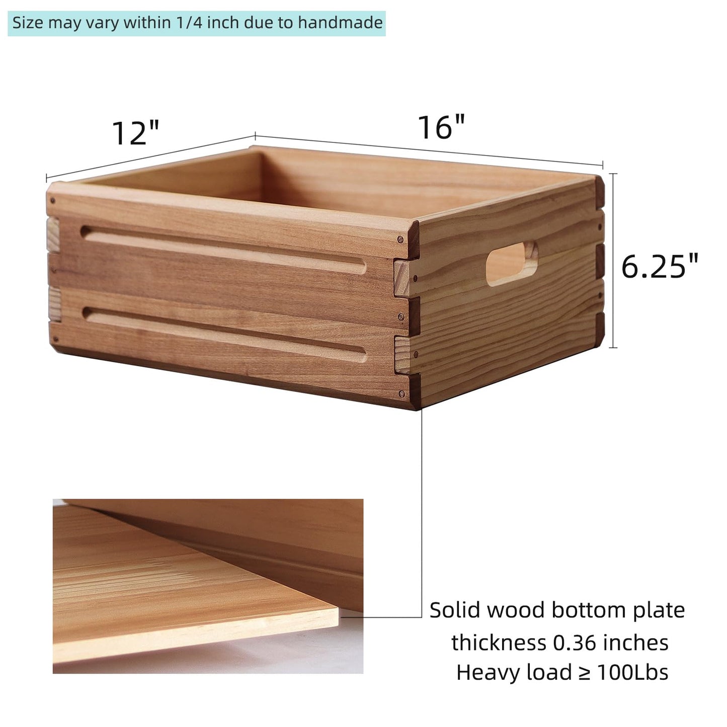 KLZLQ-XINCHEN 2 Pack Wooden Storage Bins of 16"x12"x6.25".Durable Open Solid Wood Box w/ Handles.Farmhouse Container Shelf Baskets. Multipurpose Home Décor Organizer Crates for Display,Pantry,Book,CD