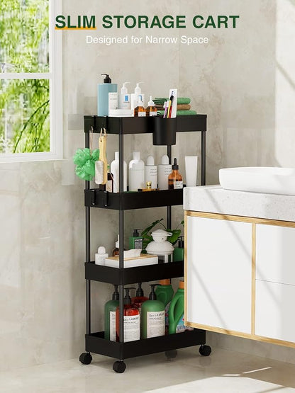 LEHOM Slim Rolling Storage Cart - 4 Tiers Bathroom Organizer Utility Cart Slide Out Storage Shelves Mobile Shelving Unit for Kitchen, Bedroom, Office, Laundry Room, Small Narrow Spaces（7.1" W+Black）