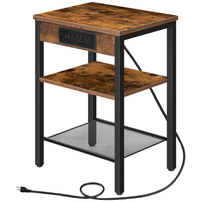 HOOBRO Side Table with Charging Station and USB Port, Small End Table for Small Space, 3-Tier Nightstand with Adjustable Shelf, for Living Room, Bedroom, Rustic Brown BF112BZ01