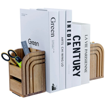 MyGift Premium Acacia Solid Wood Bookends and Pencil Holders with Modern Etched Arch Design, Office Desk Book Ends with Natural Wooden Art Deco Pen Cups, 1 Pair