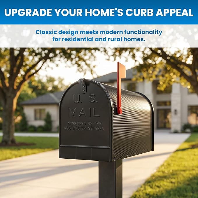Plexon Jumbo Size Rural Mailbox, 3175 cu-in Capacity, Galvanized Steel, Powder-Coated, 15 in. H x 11.69 in. W x 24.82 in. L, Black, Extra Large