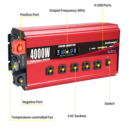 Cantonape 4000W Power Inverter 12V to 110V/120V DC to AC with LCD Display, Remote Controller 5 x AC Outlets and 4 x 3.1A USB Car Adapter for Car Truck Boat RV Solar System