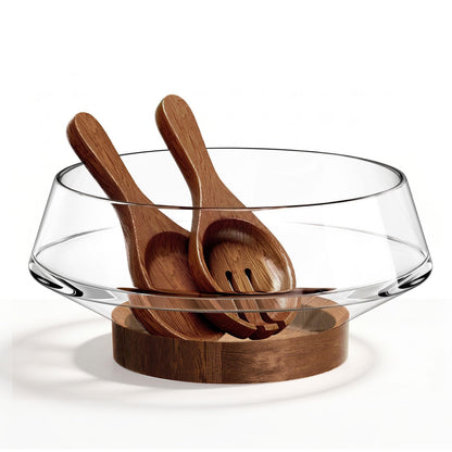 SoulThink® Golden Ratio Extra Large Crystal Glass Salad Bowl Set - Hosting Essentials Salad Serving Bowl with Acacia Wooden Salad Servers and Base, Dinner Party Must Haves for All Occasions