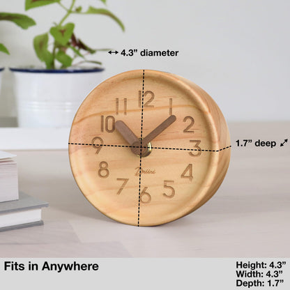 Driini Wooden Analog Desktop Clock – 4.3 in. Decorative Pinewood, No-Tick Design – Easy to Read Silent Sweep Mantle Clock – Quiet Tabletop Clocks with Wood Body, Hands, & Battery Cover; Light