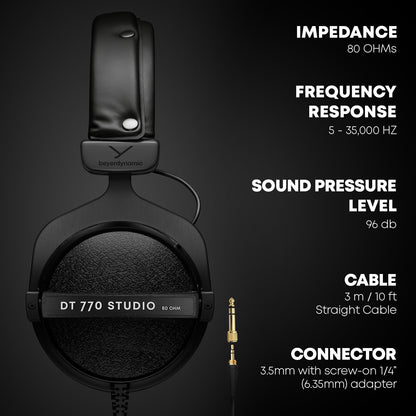 beyerdynamic DT 770 Pro Studio Headphones - Over-Ear, Closed-Back, Professional Design for Recording and Monitoring (80 Ohm, Grey) (Renewed)