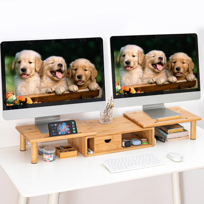 ROCDEER Dual Monitor Stand Riser with Drawer for Desk Laptop Desk Shelf + Wood Vanity Tray, 6-Piece Countertop Organizer Vanity Tray Set