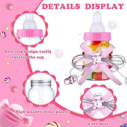 62 Pcs 3.5 Inch Baby Mini Milk Bottle Baby Shower Favor with 500 Adhesive Thank You for Showering Stickers, Small Plastic Bear Candy Bottle for Boy Girl Newborn Baptism Party Decor (Pink)