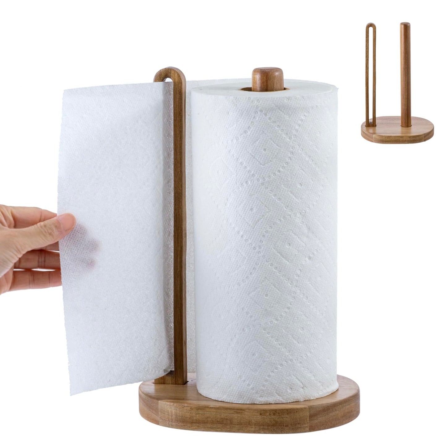 MyGift Premium Acacia Solid Wood Countertop Paper Towel Roll Stand with Easy-Tear Dispenser, Wooden Farmhouse Table Standing Holder for Disposable Kitchen Towels