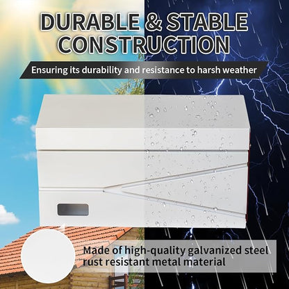Ydocabinit Wall Mount Mailbox, Large Capacity Mailbox for House, with Flag, Visibility Galvanized Steel Rust-Proof Metal Post Drop Box, Mailboxes for Outside 15.74"×9.84"×4.33" Solar Lanterns White