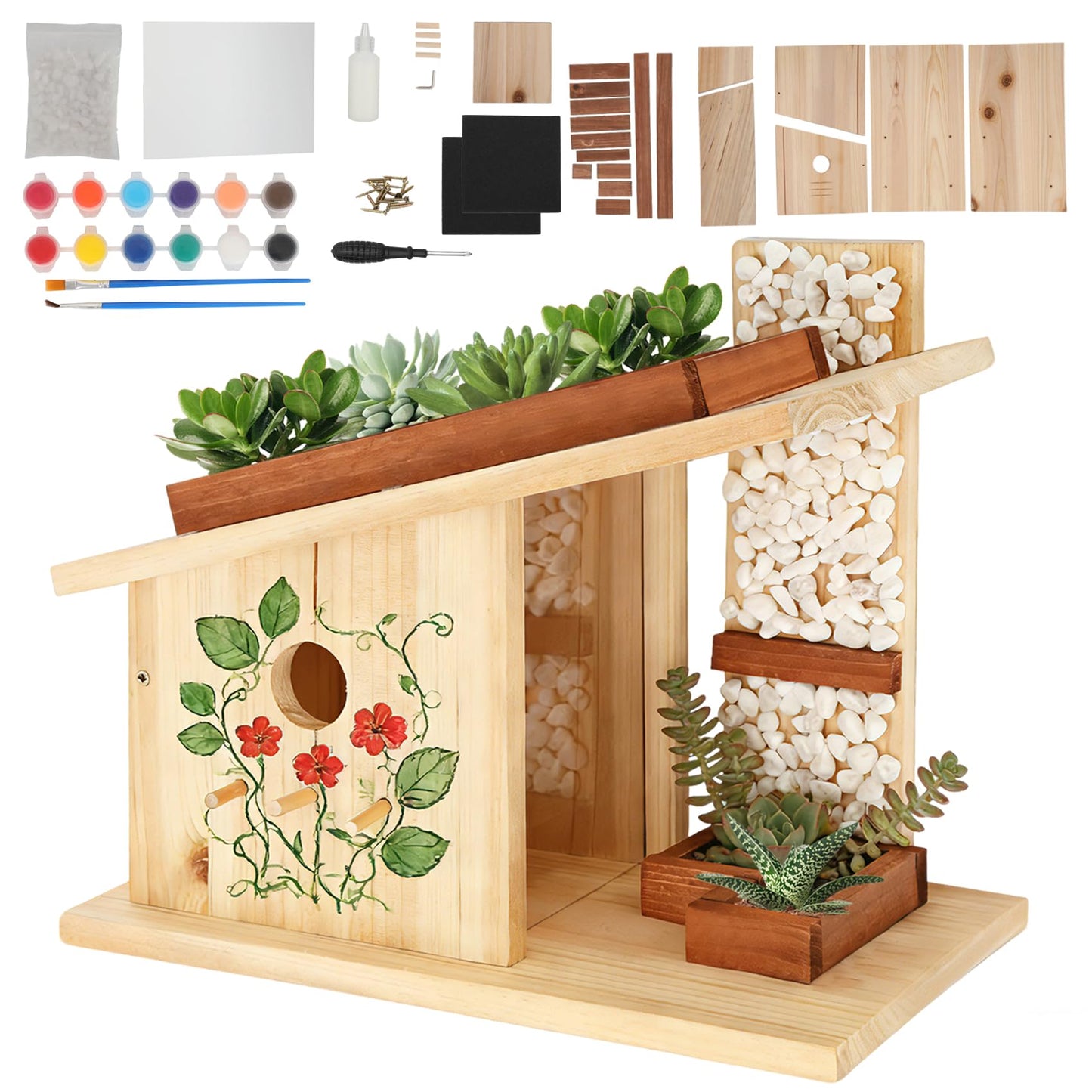 Pontuss Modern Birdhouse Woodworking Kit, Natural Cedar Wooden birdhouses for Outdoors with Paint Set, Creative DIY Birdhouse Gift, Build Your Own Bird House Kit