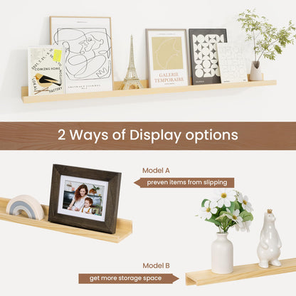 Picture Ledge Shelf, Floating Shelves Set of 2, 40 Inches Solid Wood Nursery Book Shelves for Toys Storage, Kids Bookshelf Wall Mounted for Living Room Decor Books Photo Frames, Unfinished Natural