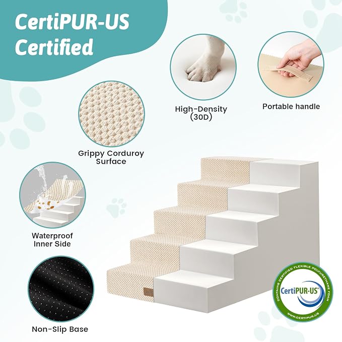 COZY KISS Dog Stairs for Small Dogs 17.7" H, 5-Step Gentle Incline Pet Step for Couch and Beds, Right-Angle Dog Ramp for Puppy Doggie Senior Cats, 17.7x29.5x17.7 Inch, Beige