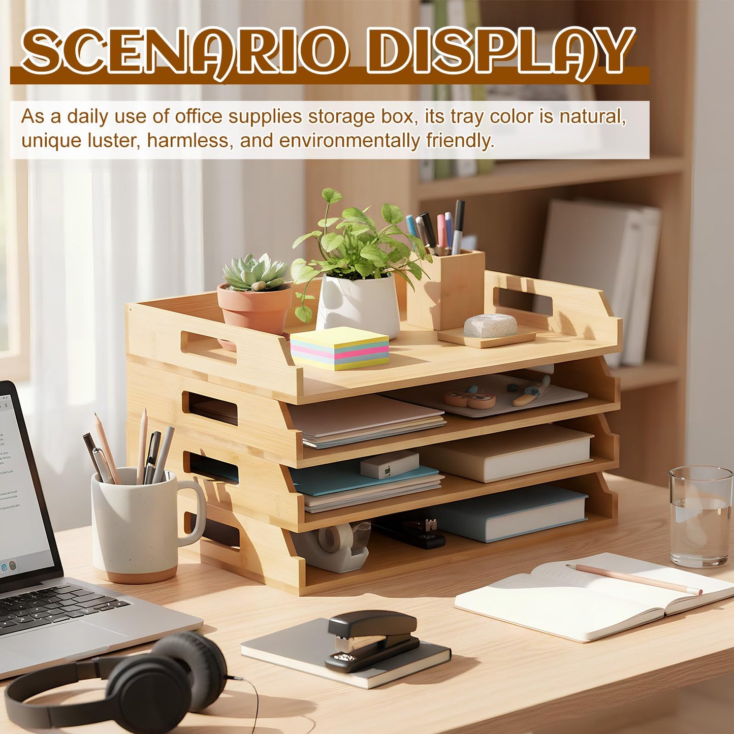 AceOrbit 4 Pcs Stackable Paper Tray Bamboo Wood Desk Organizer Letter Tray 4 Tier Wooden File Organizer Desk Shelf for Documents, Letter Sorter, Envelopes and Magazine Holder