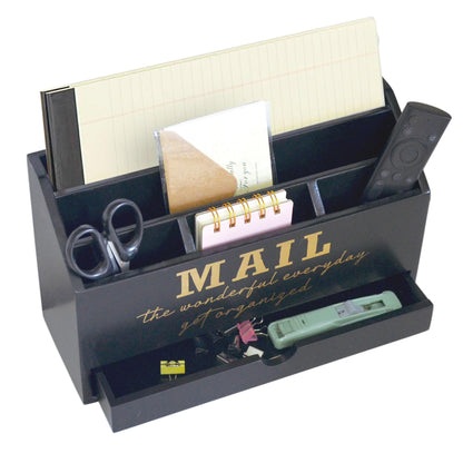 EXQUIDECA Wooden Black Rustic Countertop Mail Storage Holder with Drawer and Compartments - Office Desk Accessories and Workspace Organizers - Desktop Sorter for Pen Stationery Letter Files Documents