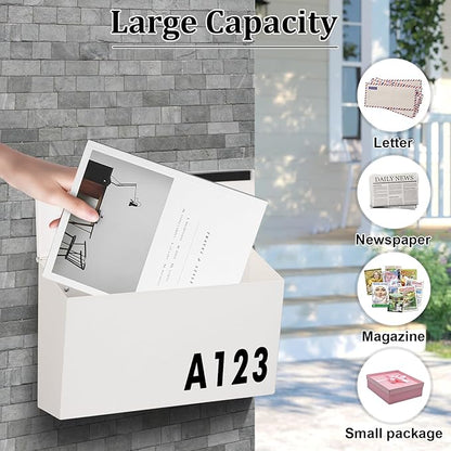Dalmbox Wall-Mount Mailbox Large Mailbox for Post Rust-Proof Galvanized Steel Box for Outside or Townhouse Horizontal Style, White, 15.7” x 4.3” x 9.4”
