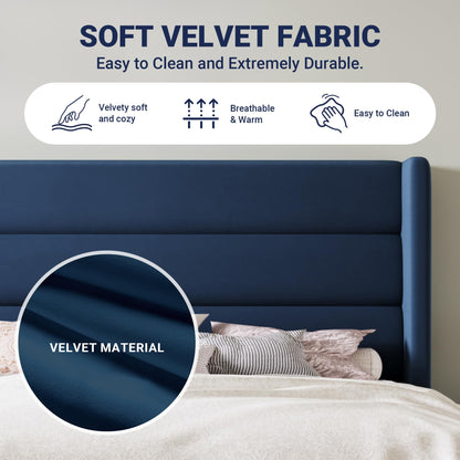 Allewie King Size Platform Bed Frame with Velvet Upholstered Wingback Headboard, No Box Spring Needed, Under Bed Storage Space, Wooden Slats, Modern Mattress Foundation, Easy Assembly, Blue