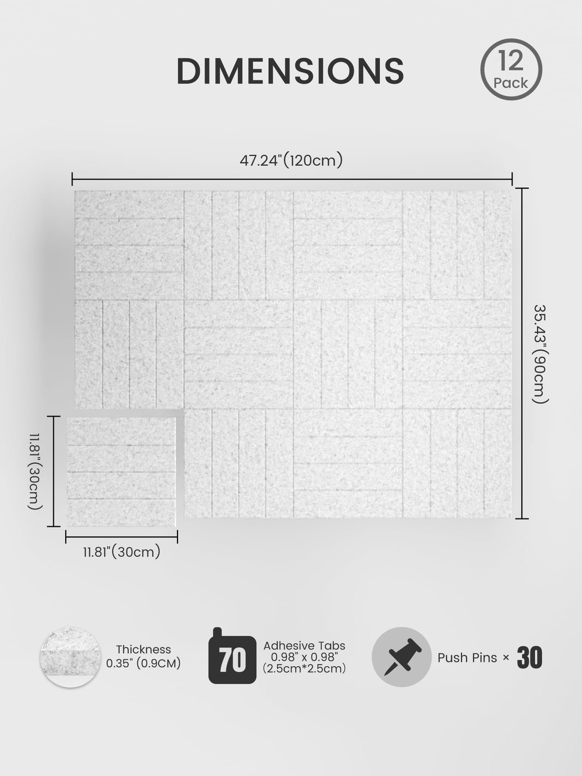 Bumusty Large Cork Board Alternative-48 x 36" Felt Bulletin Board Tiles, with 30 Pushpins, 70 Adhesive Tabs, Bold-Stripe 12-Pack, Cork Boards for Office Push Pin Board Felt Board-Light Gray