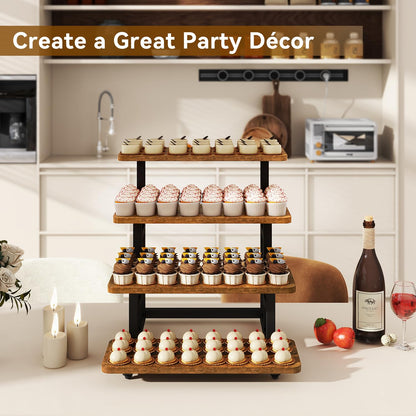 IBUYKE 4 Tier cupcake stand,Wooden Risers Display Stands,Tiered Display Stand for food,Dessert Table Display for Party,Afternoon tea, Family Gatherings,Rustic Brown UTLJ018H