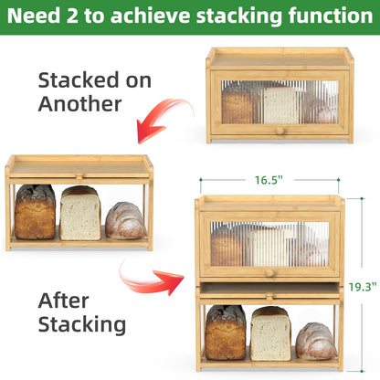 BAMBANG Bamboo Bread Box for Kitchen Countertop, Extra Large Farmhouse Bread Box with 4-Side Clear Panels, Wooden Bread Storage Container for Homemade Bread, Natural