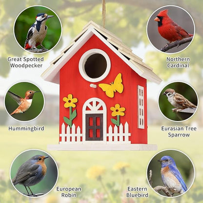 Wooden Bird Houses Bird House for Outside,Red Wood Bird House for Outdoors, Nesting Box with Sturdy Rope, Haing Bird Houses for Garden Blue Bird Hummingbird Wren Cardinal Swallow Sparrow Finch