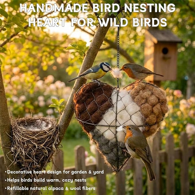Handmade Alpaca Fiber Bird Nesting Heart, Heart-Shaped Hummingbird nest that can be Filled with Nesting Material, Winter Tree Shelter for Wild Bird, Bird's Nest Material Storage Box