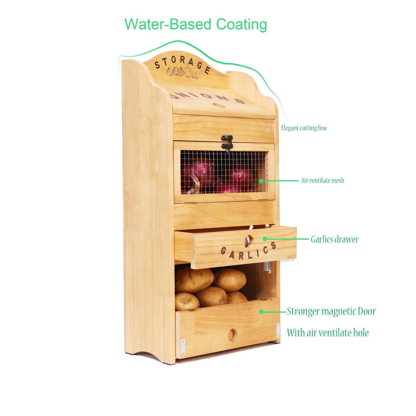Potato Bin Veggie Organizer Rustic Pine Wood Potato, Onion & Garlic Storage Bin | Kitchen Organizer | Solid Wood Veggie Box | Compact Kitchen Box (13.77" L x 7.1" W x 29.3" H)