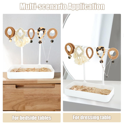 WCHOSOZH Jewelry Organizer Stand, Necklace Holder with Wooden Tray 5 Storage Hooks, Earring Holder with 5 Pcs Jewelry Bags for Bracelet,Chains,Rings,Earrings,Keys Watches,Necklaces (White)