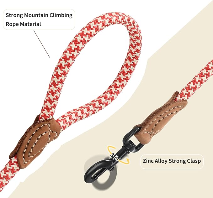 Mile High Life | Mountain Climbing Dog Rope Leash with Heavy Duty Metal Sturdy Clasp | Genuine Leather Tailored Connection with Strong Stitches (Red Khaki1, 72 Inch (Pack of 1))