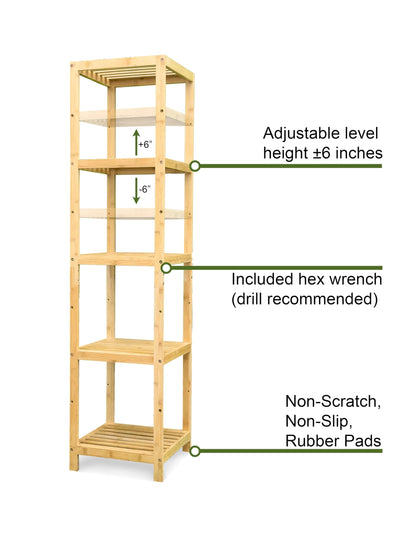 Bam & Boo - 5-Tier Multipurpose Square Shelf Modern Natural Bamboo - for Living Room, Bedroom, Office, Kitchen, Pantry(55” x 13.4” x 13.4”)