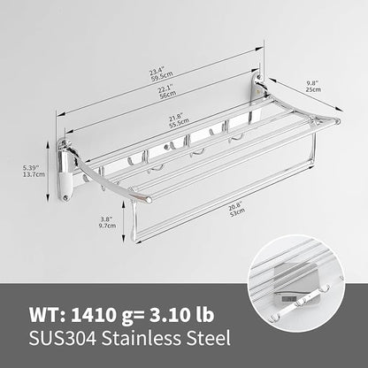 BESy 24 Inch Polished Chrome Towel Racks, Bathroom Towel Shelf with Foldable Towel Bar Holder and Towel Hooks, Wall Mounted Multifunctional Bathroom Accessories, Double Towel Bars