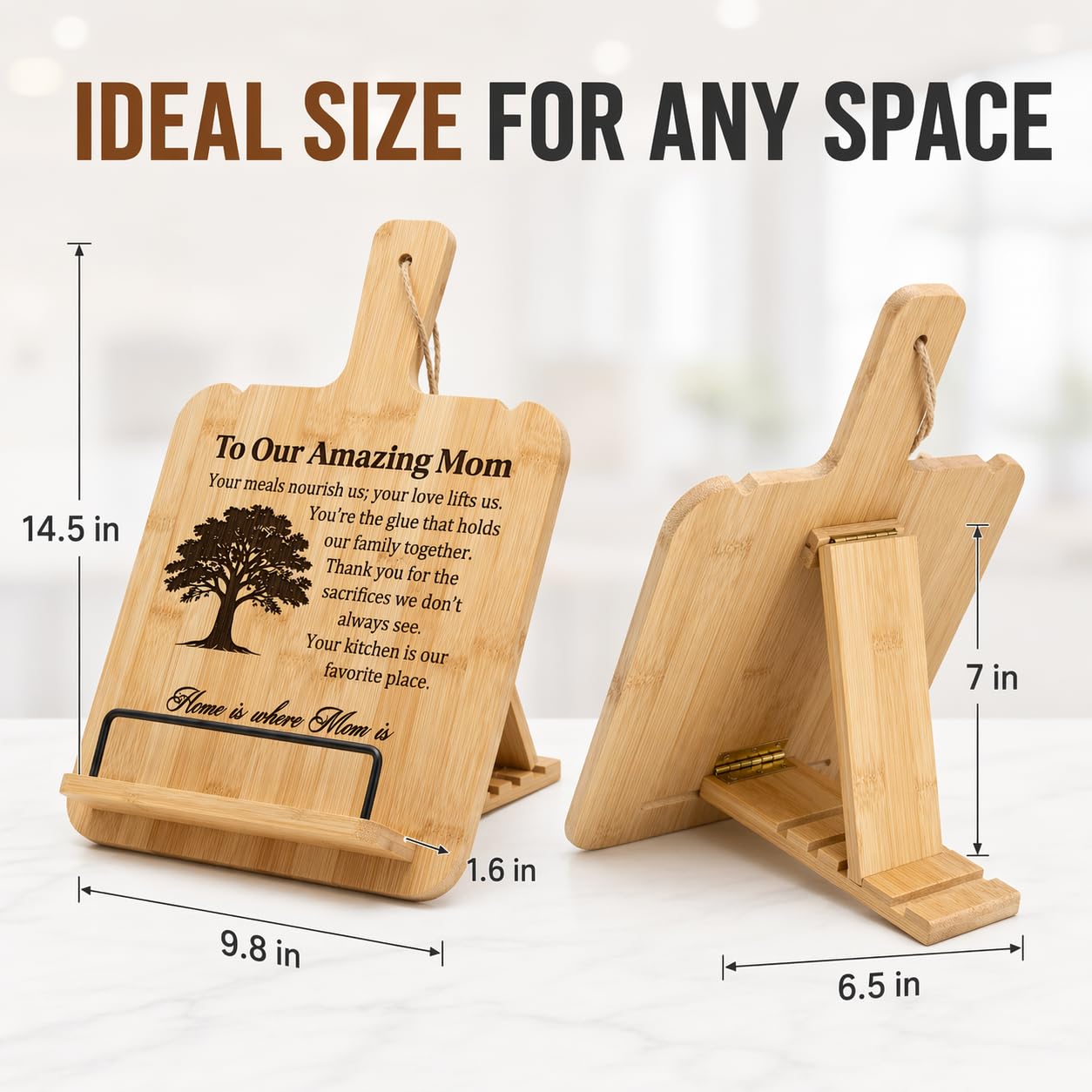 Bamboo Cookbook Stand for Kitchen Counter, Wooden Recipe Book Holder with 4 Adjustable Angles, Space-Saving Wall Mount Tablet Stand, Personalized Mothers Day Gifts for Mom
