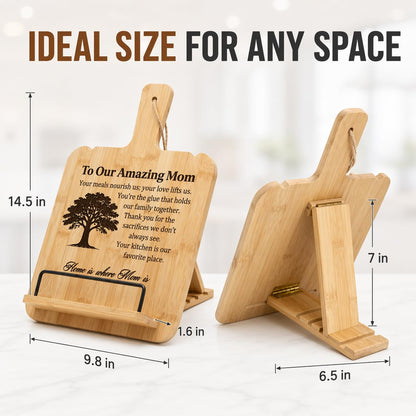 Bamboo Cookbook Stand for Kitchen Counter, Wooden Recipe Book Holder with 4 Adjustable Angles, Space-Saving Wall Mount Tablet Stand, Personalized Mothers Day Gifts for Mom