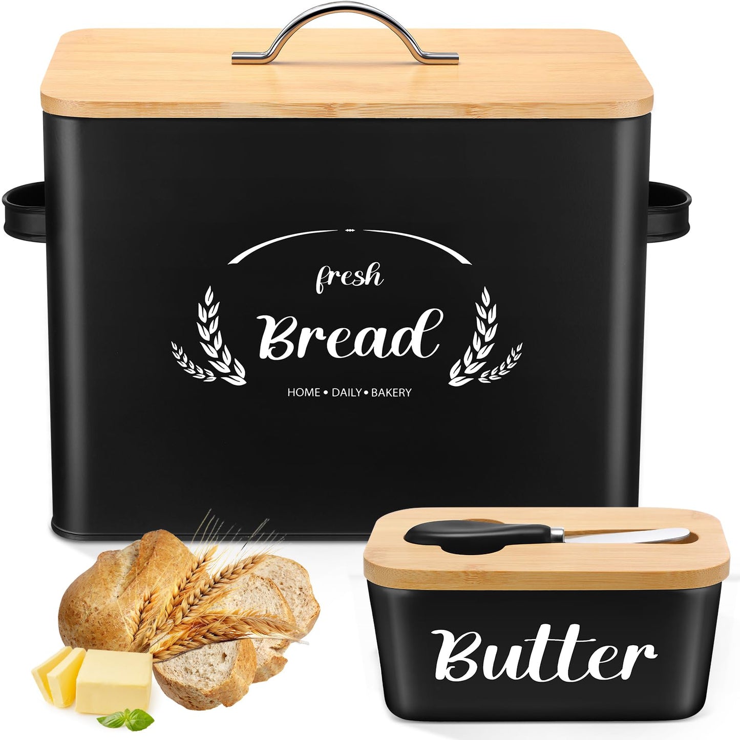 Qinyoung 2 Pcs Large Bread Box Set for Kitchen Countertop with Ceramic Butter Dish Holder Bamboo Lid Knife Metal Bread Holder Farmhouse Kitchen Storage Container for Home Housewarming Gift(Black)