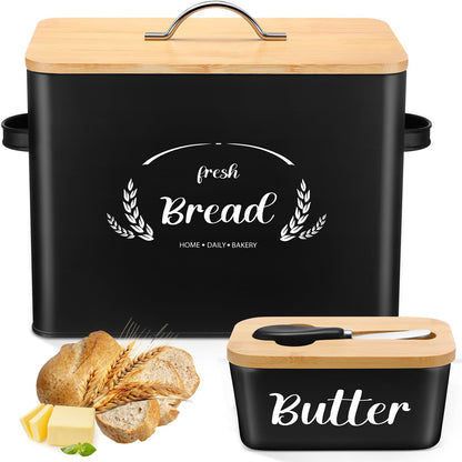 Qinyoung 2 Pcs Large Bread Box Set for Kitchen Countertop with Ceramic Butter Dish Holder Bamboo Lid Knife Metal Bread Holder Farmhouse Kitchen Storage Container for Home Housewarming Gift(Black)