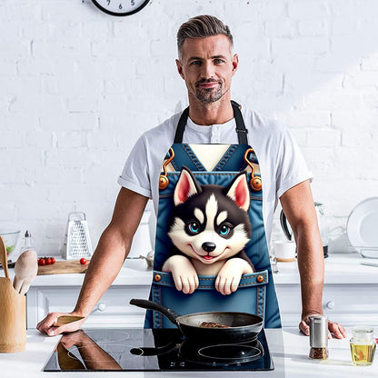 THISFIND Cute Husky Dog in Pocket Apron – Waterproof Adjustable Bib Apron with Funny Cartoon Puppy Print – Durable Kitchen Apron for Cooking Gardening and Crafts