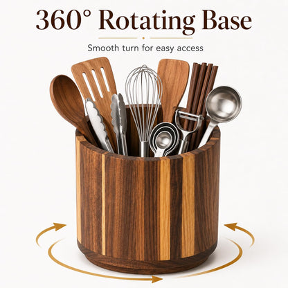 7.5x6.8Inch Large Acacia Wood 360° Rotating Utensil Holder, Round Wooden Kitchen Organizer with Center Divider, Wood Desk Pen Holder, Makeup Brush Holder, Countertop Storage Caddy for Kitchen, Office