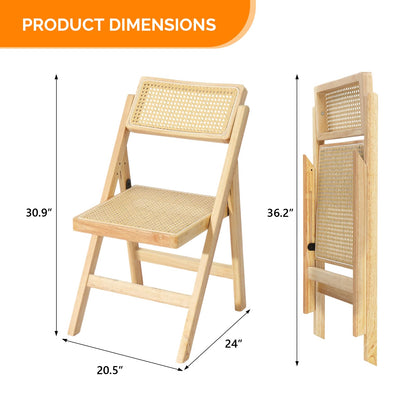 VINGLI 2 Pack Rattan Wooden Folding Chair, Dining Folding Chair with 360° Swivel Backrest, Sturdy Rubberwood Frame and Rattan Woven Seat and Back, Natural Color, Set of 2