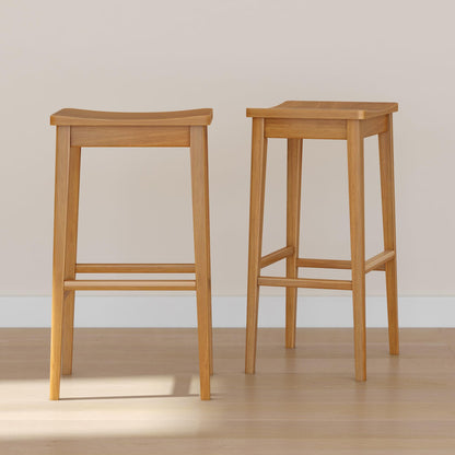 Plank+Beam Smythe Bar Stool, Set of 2, 30", Sturdy Wood Modern Kitchen Bar Height Stool, Saddle Seat Backless Bar Chair, Metal Footrest, Pecan