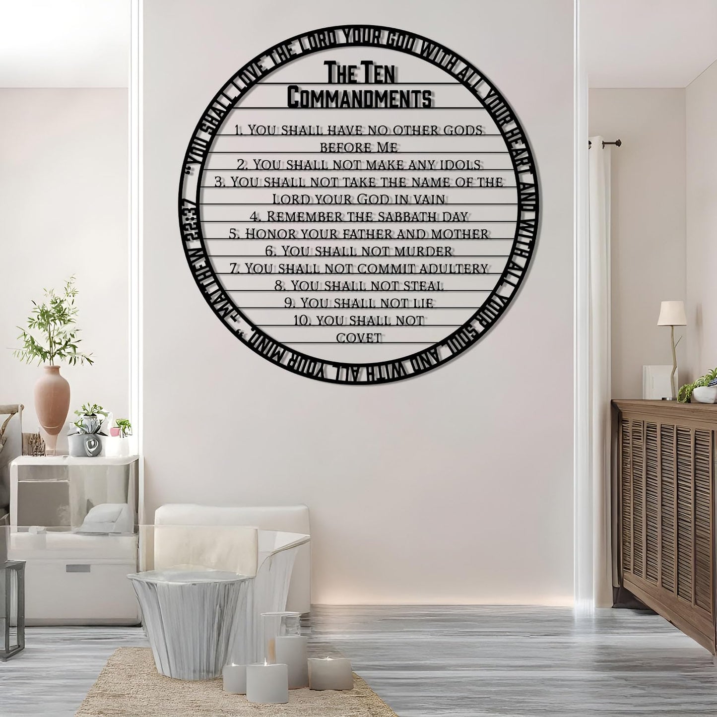 Christian Ten Commandments Metal Wall Art, 10 Commandments Bible Verse Metal Wall Art, Matthew 22:37 Scripture Wall Decor, You Shall Love The Lord Your God with All Your Heart (Gold, 24"x24"/60x60cm)