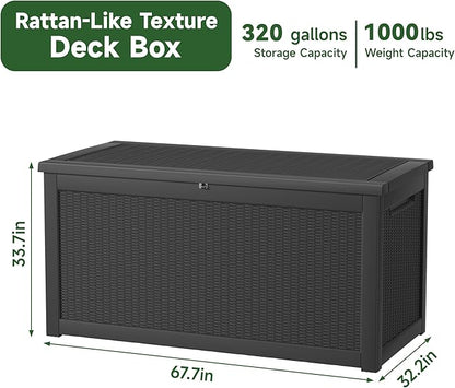 260 Gallon Resin Deck Box, Lockable Patio Outdoor Storage Box for Furniture, Garden Tools and Tools Storage, Waterproof Outside Storage Boxes - Black