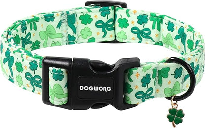 DOGWONG St Patrick's Day Dog Collar-Cute Green Clovers Dog Collar, Adjustable Cotton Shamrock Pet Collar Trefoil Puppy Collars with Quick Release Buckle,S